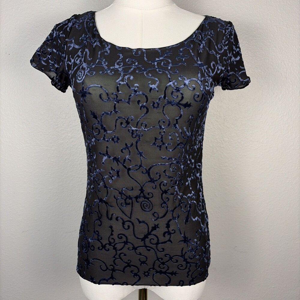 Armani Collezioni Blue Velvet Burnout Sheer Short Sleeve Top Shirt Size 8 Italy